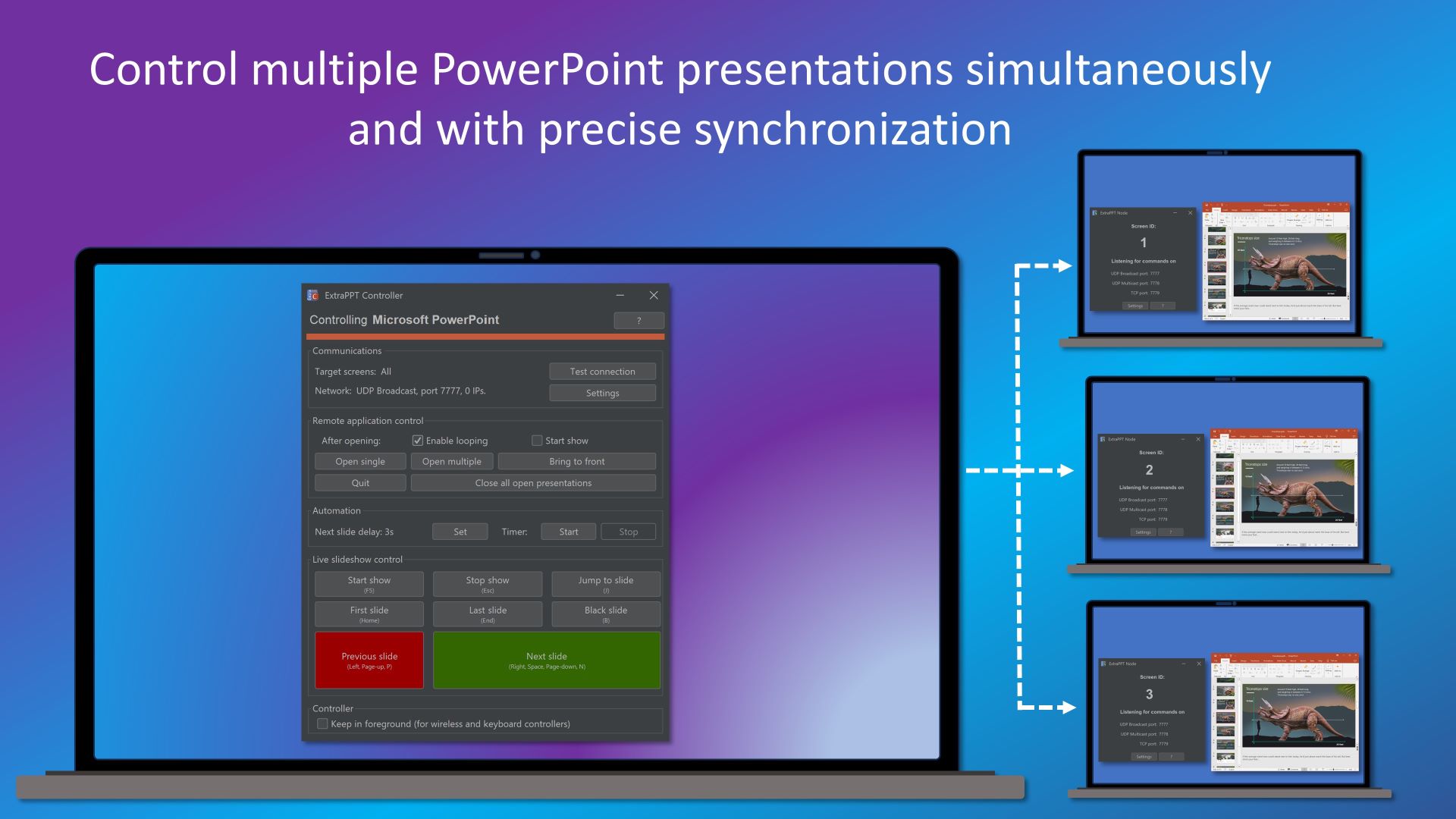 Control multiple PowerPoint presentations simultaneously 
                    and with precise synchronization.