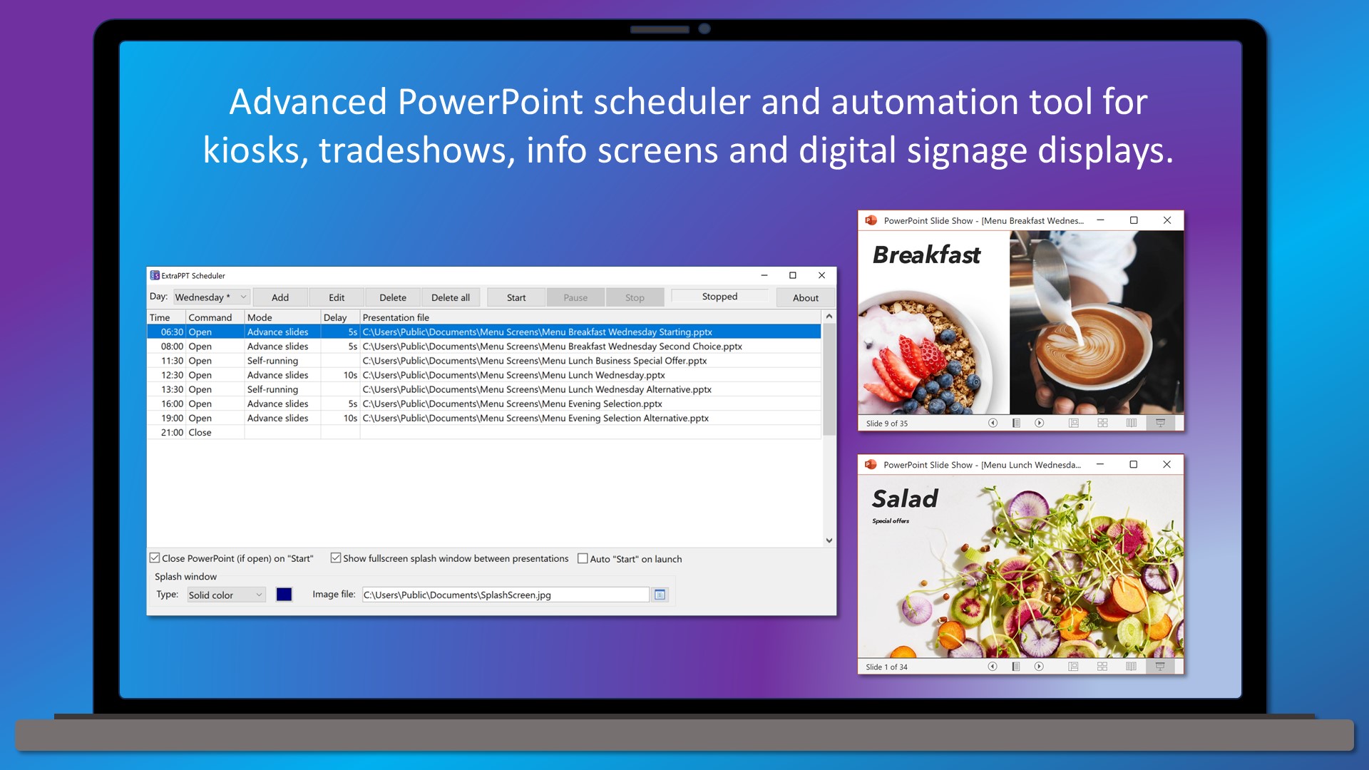 Advanced PowerPoint scheduler and automation tool for kiosks, tradeshows, info screens and digital signage displays.