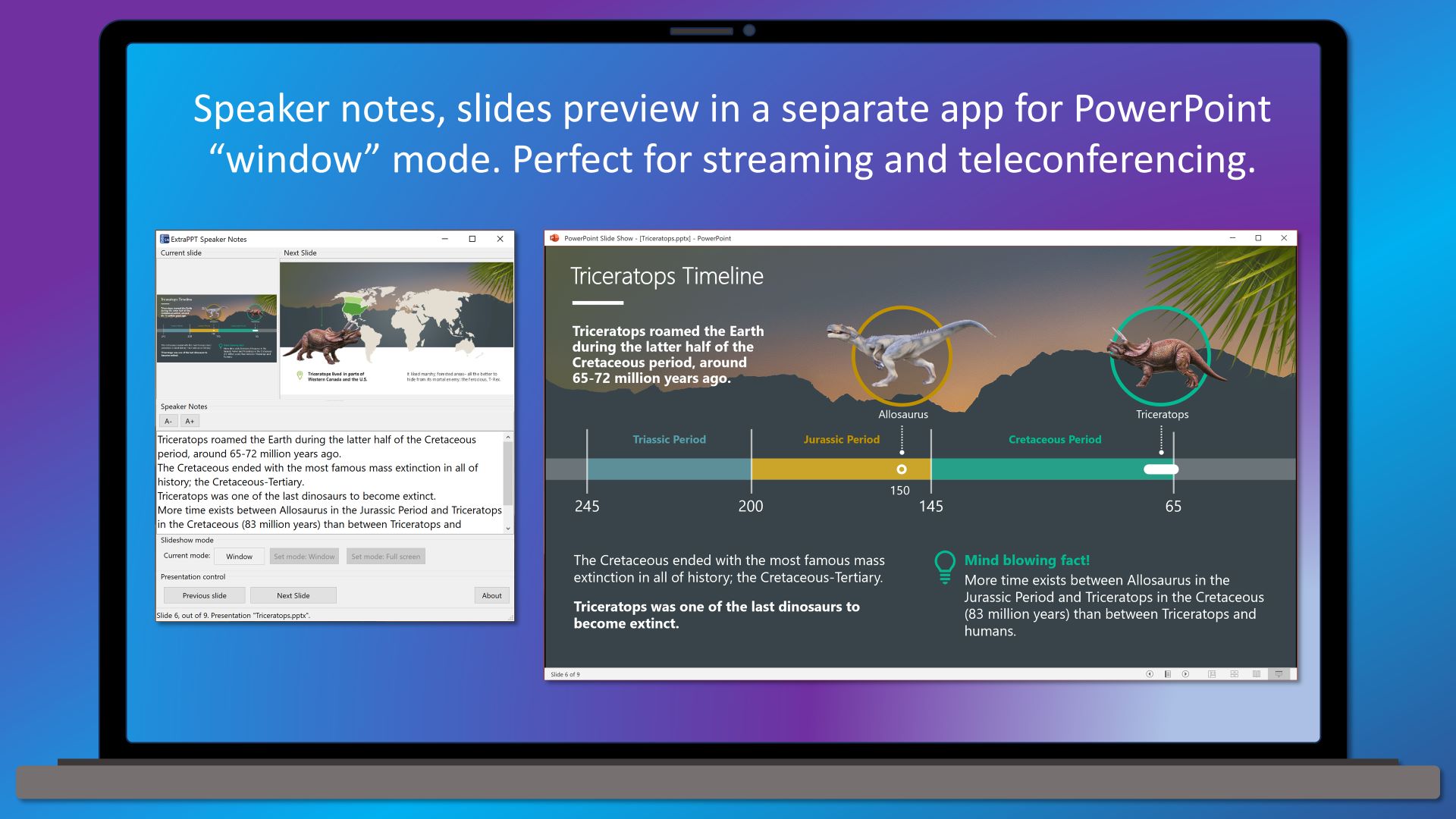 Speaker notes, slides preview in a separate app for PowerPoint “window” mode. Perfect for streaming and teleconferencing.