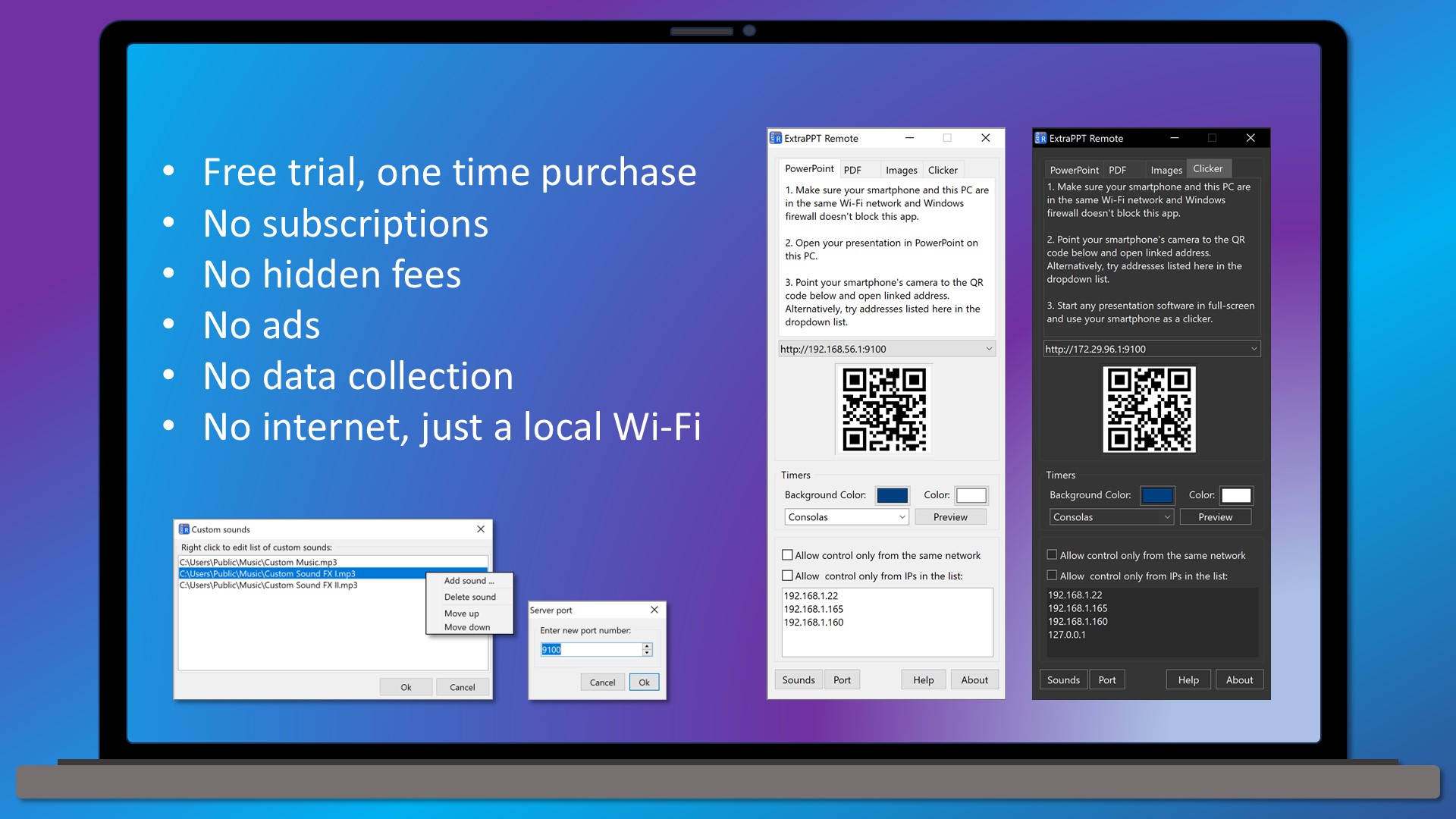 Free trial, one time purchase. No subscriptions. No hidden fees. No ads. No data collection. No internet, just a local Wi-Fi. Supports system Light and Dark modes.