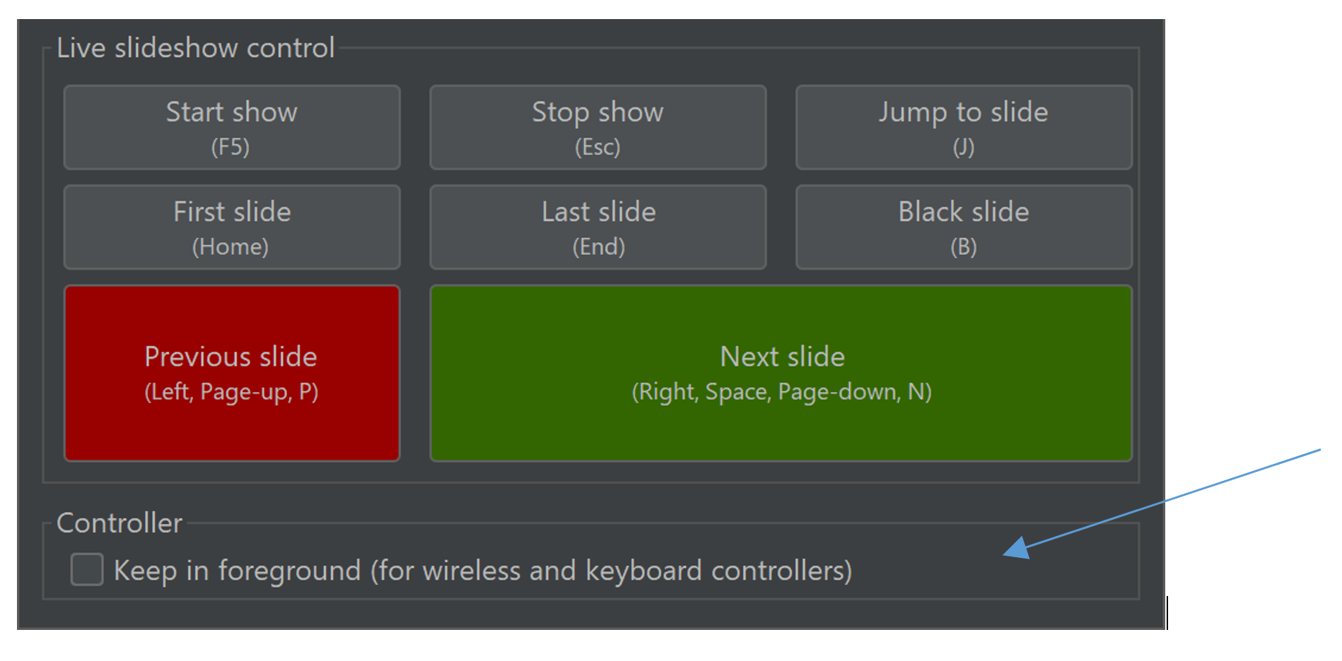 Screenshot of ExtraPPT Controller with keyboard specific settings.