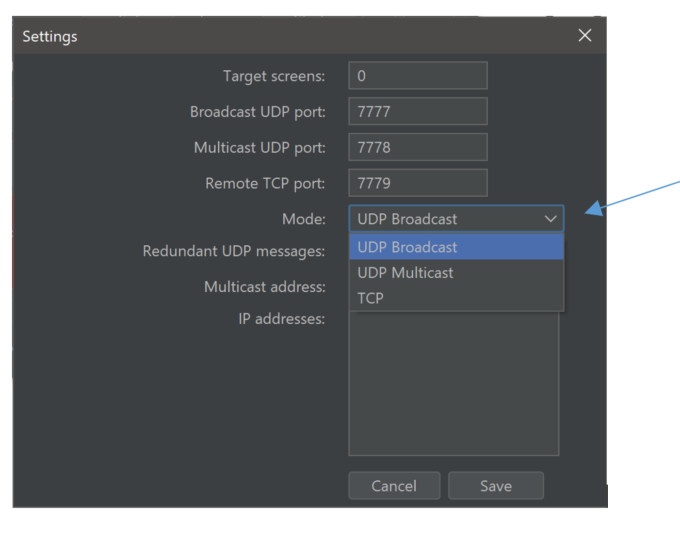 Screenshot of ExtraPPT Controller with UDP settings.