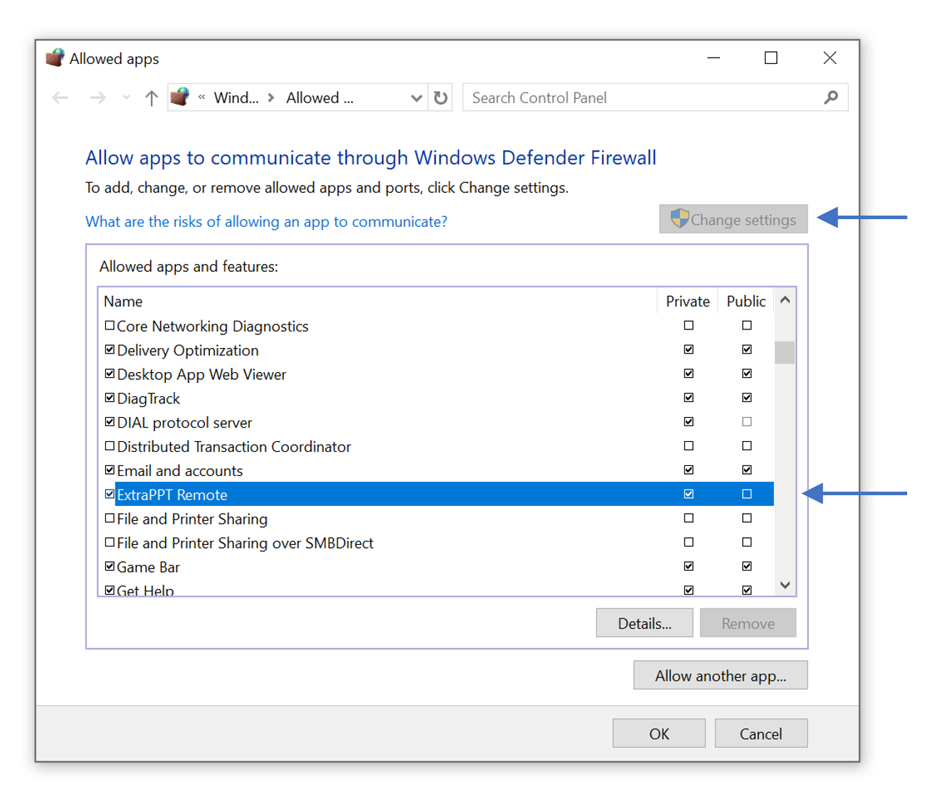 Screenshot of a Windows Firewall window for editing ExtraPPT Remote settings.