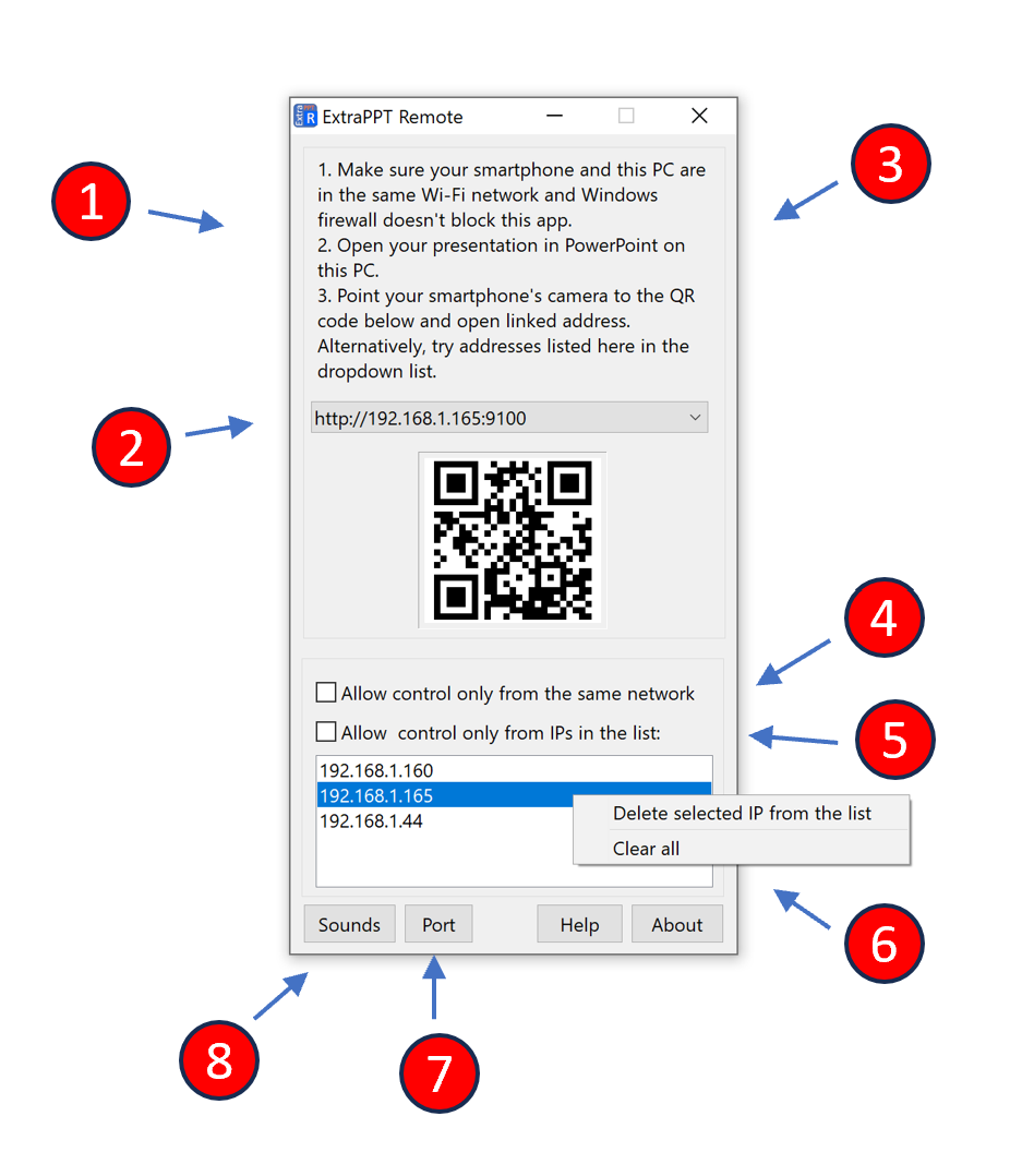 Screenshot of the main app screen with arrows and numbers. Each number will be explained below.