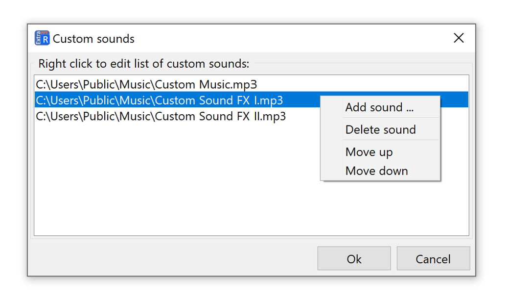 Screenshot of the window for editing a list of custom sound effects.