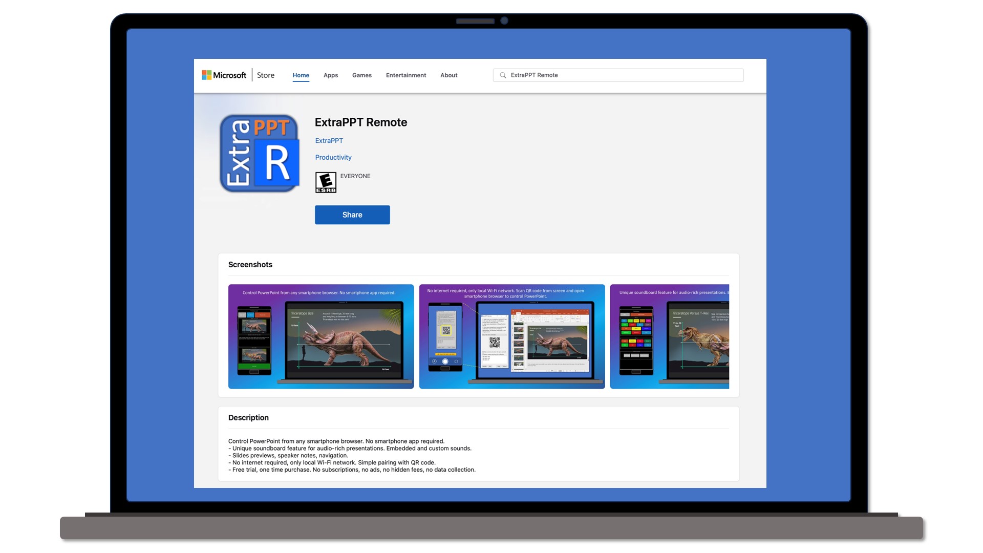 Windows Store showing ExtraPPT Remote app.