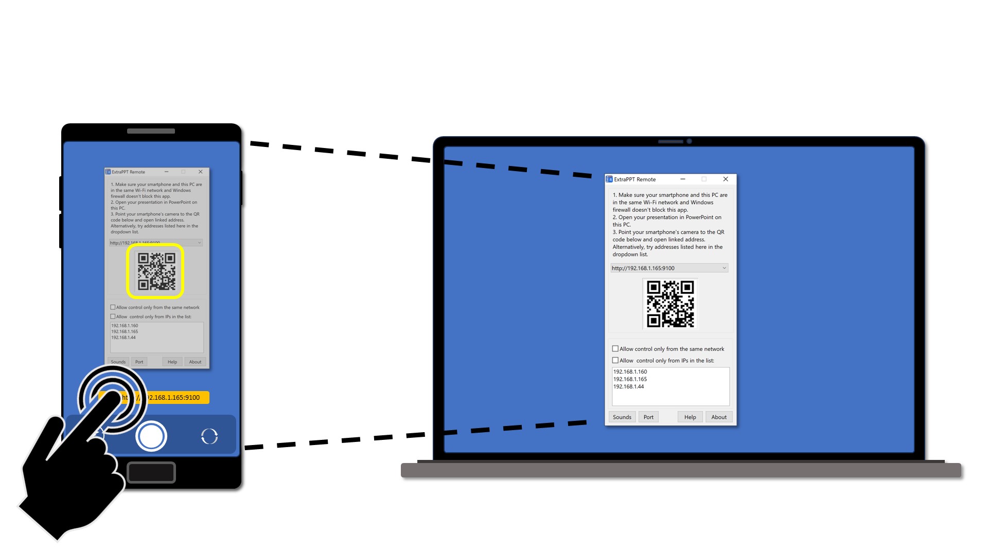 Scanning QR code from ExtraPPT Remote app from a smartphone.